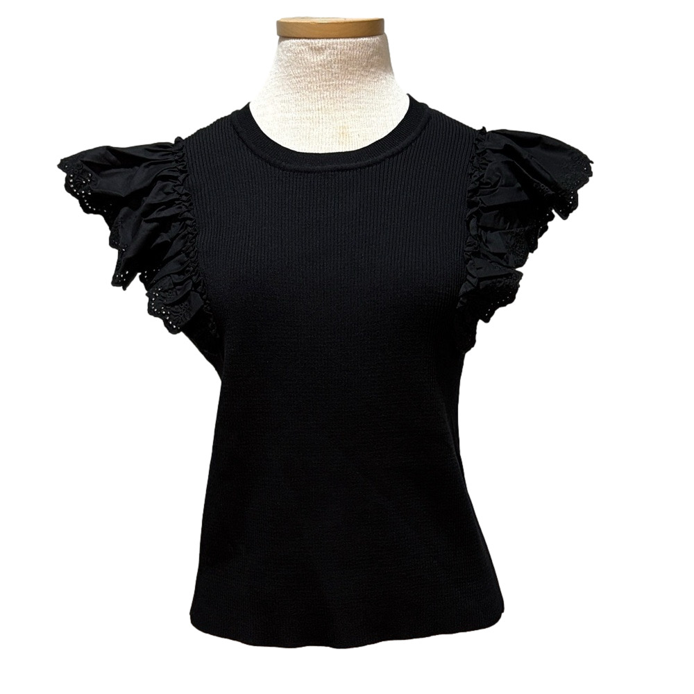 Industry sz XL black ribbed top with ruffled eyelet sleeves
